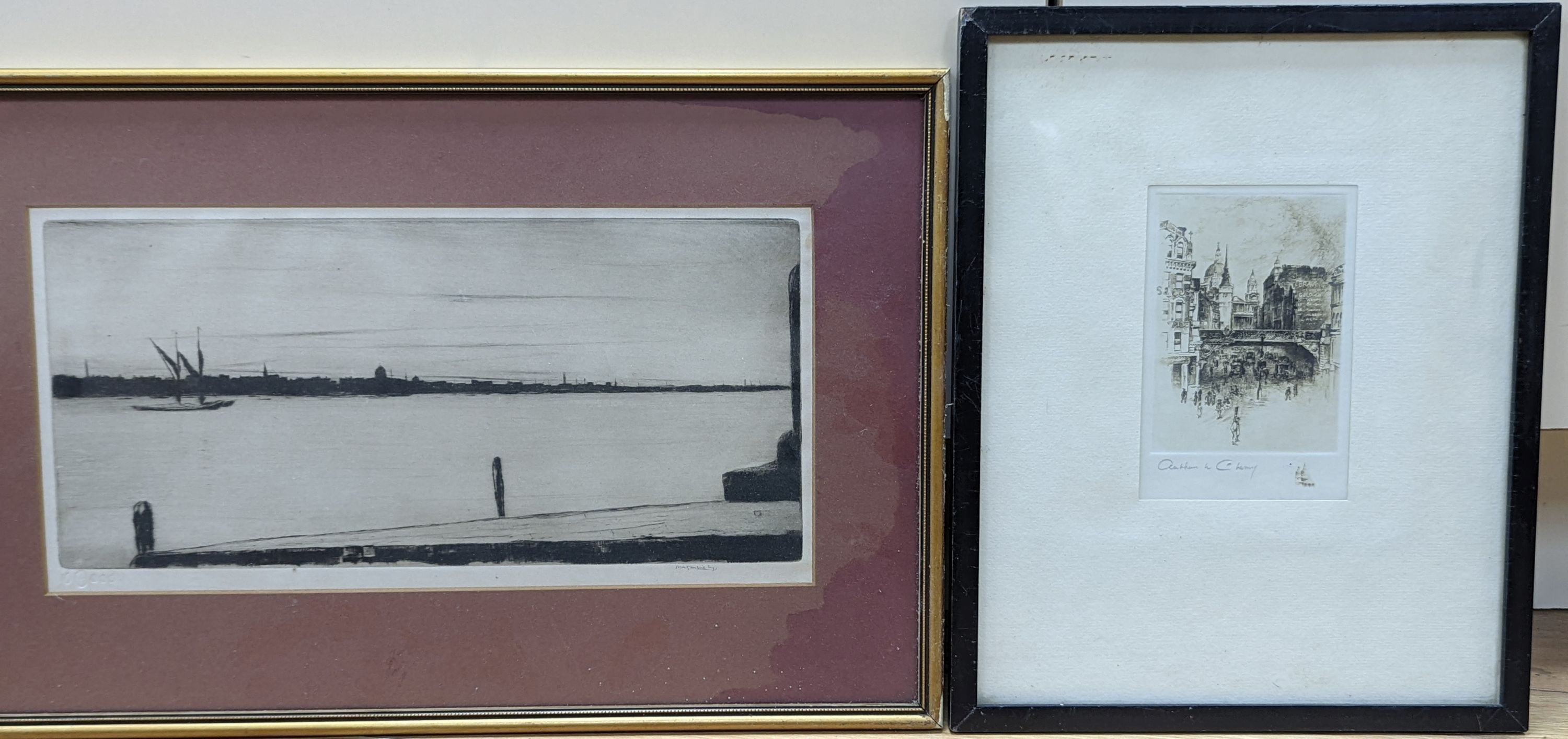 Arthur Cherry, etching, 'Fleet Street', signed in pencil, 11 x 8cm and a Scottish School, drypoint etching, Estuary scene, signed in pencil, 15 x 33cm